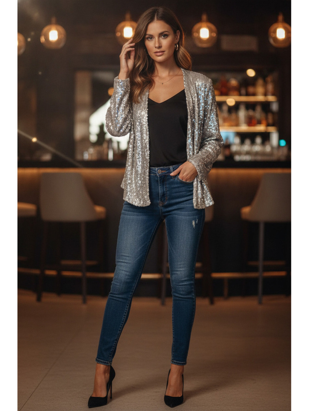 Boohoo Silver Sequin Open Front Blazer Jacket Size US 18